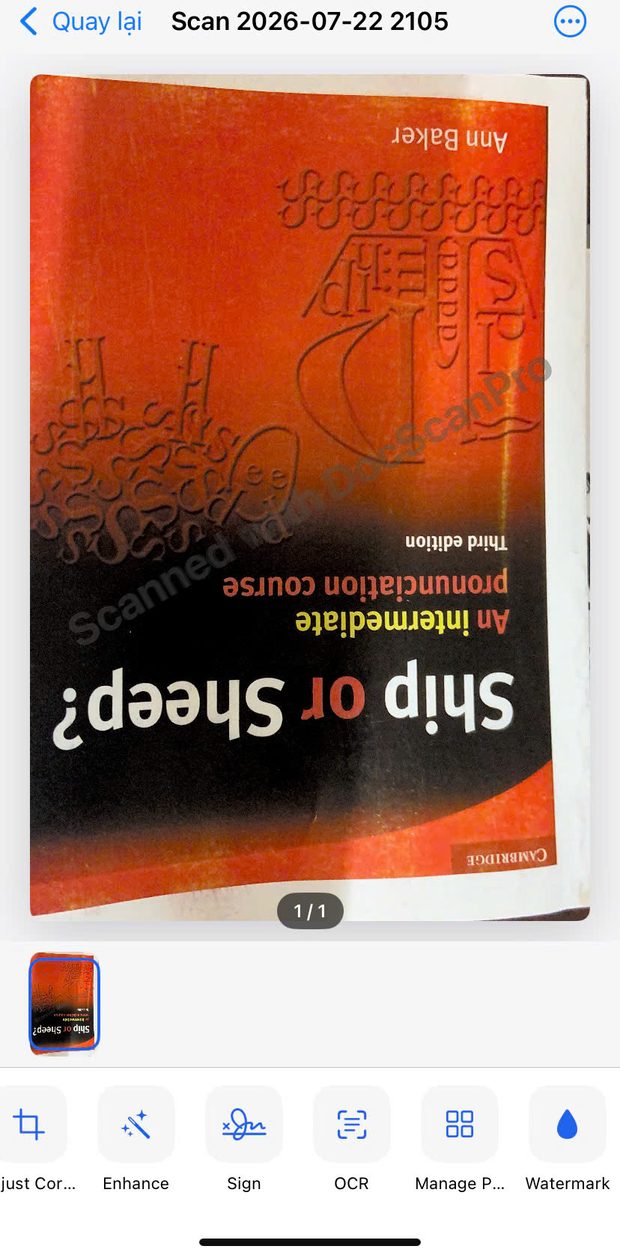 A scanned book cover open in DocScanProX with the crop, enhance, sign, OCR, page and watermark tools below
