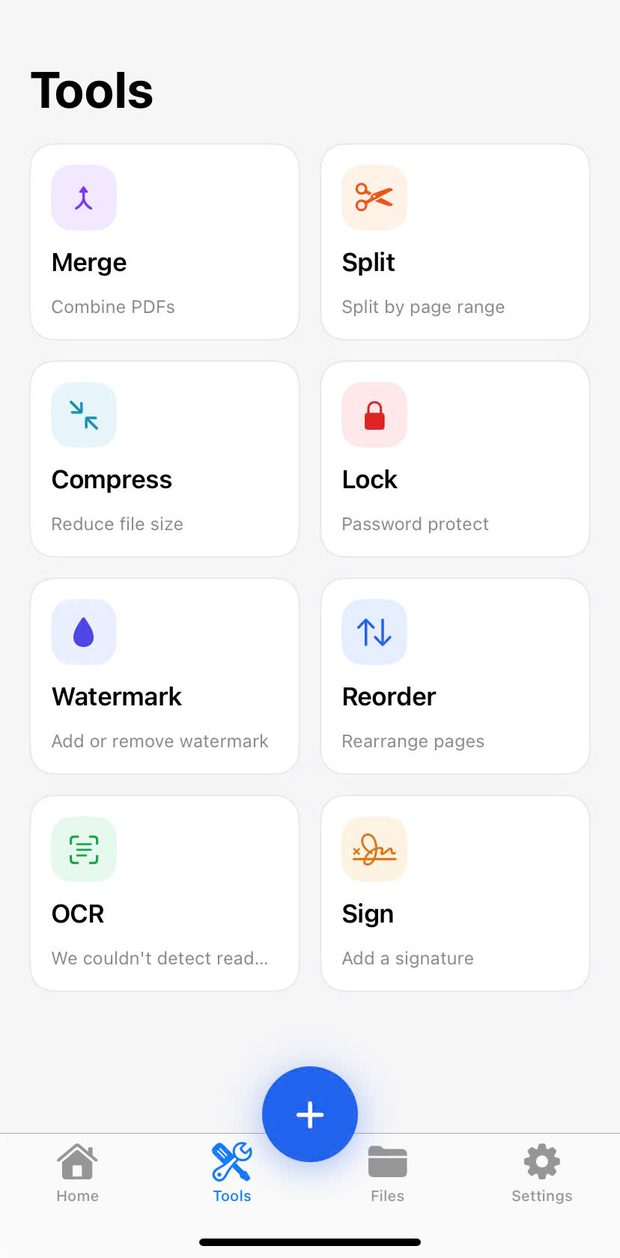 The Tools tab showing Merge, Split, Compress, Lock, Watermark, Reorder, OCR and Sign